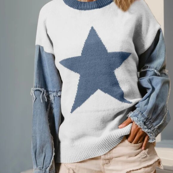 Sweaters - #192 STAR CONTRAST W/ DENIM SWEATER